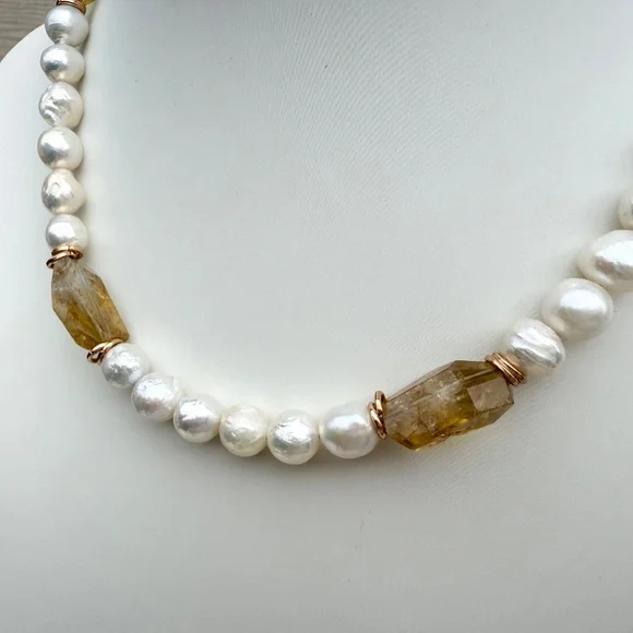 Citrine Pearl Necklace. Handmade  Baroque Freshwater Pearl Necklace. - Picture 3 of 8